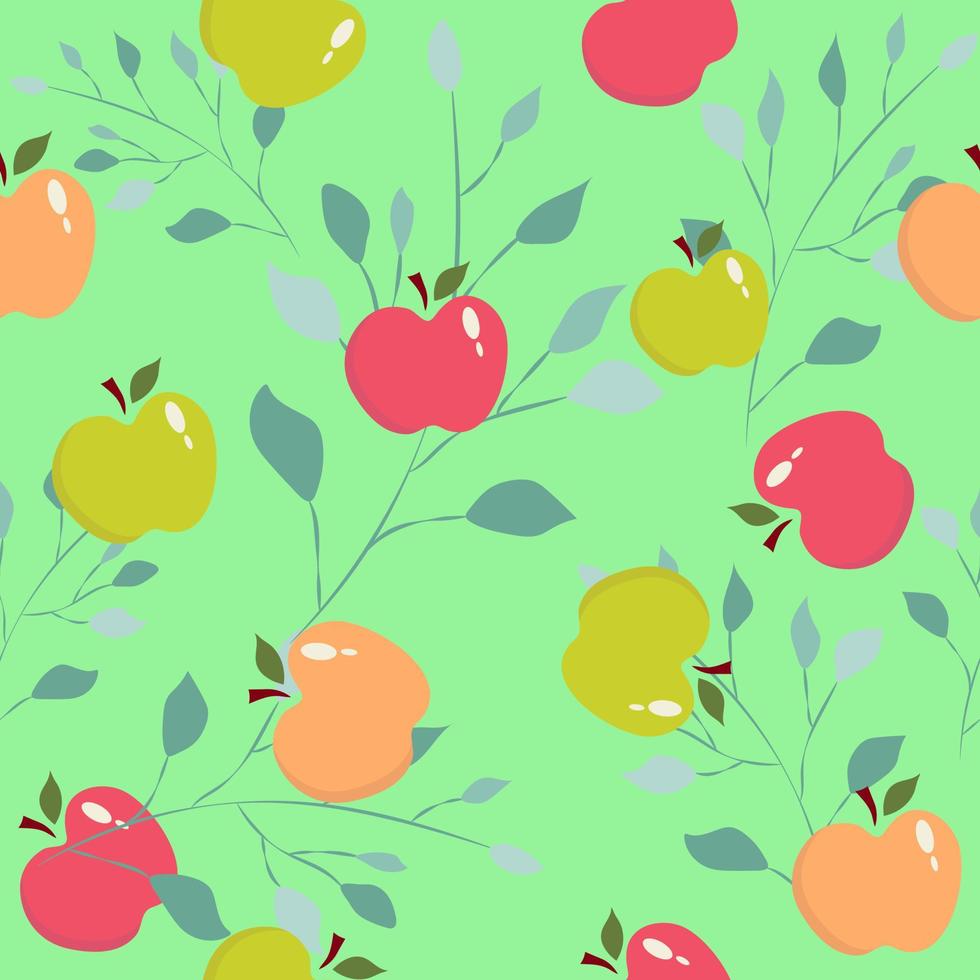 Seamless pattern with green, pink and red apples, apple twig. Design for tablecloth, fabric, wrapping, wallpaper. vector