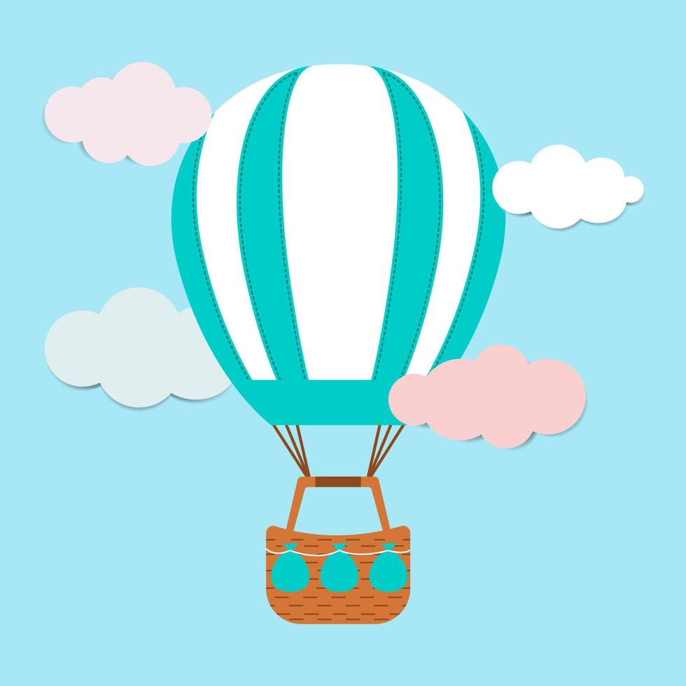 Hot air balloon with pink and blue clouds against the blue sky. vector