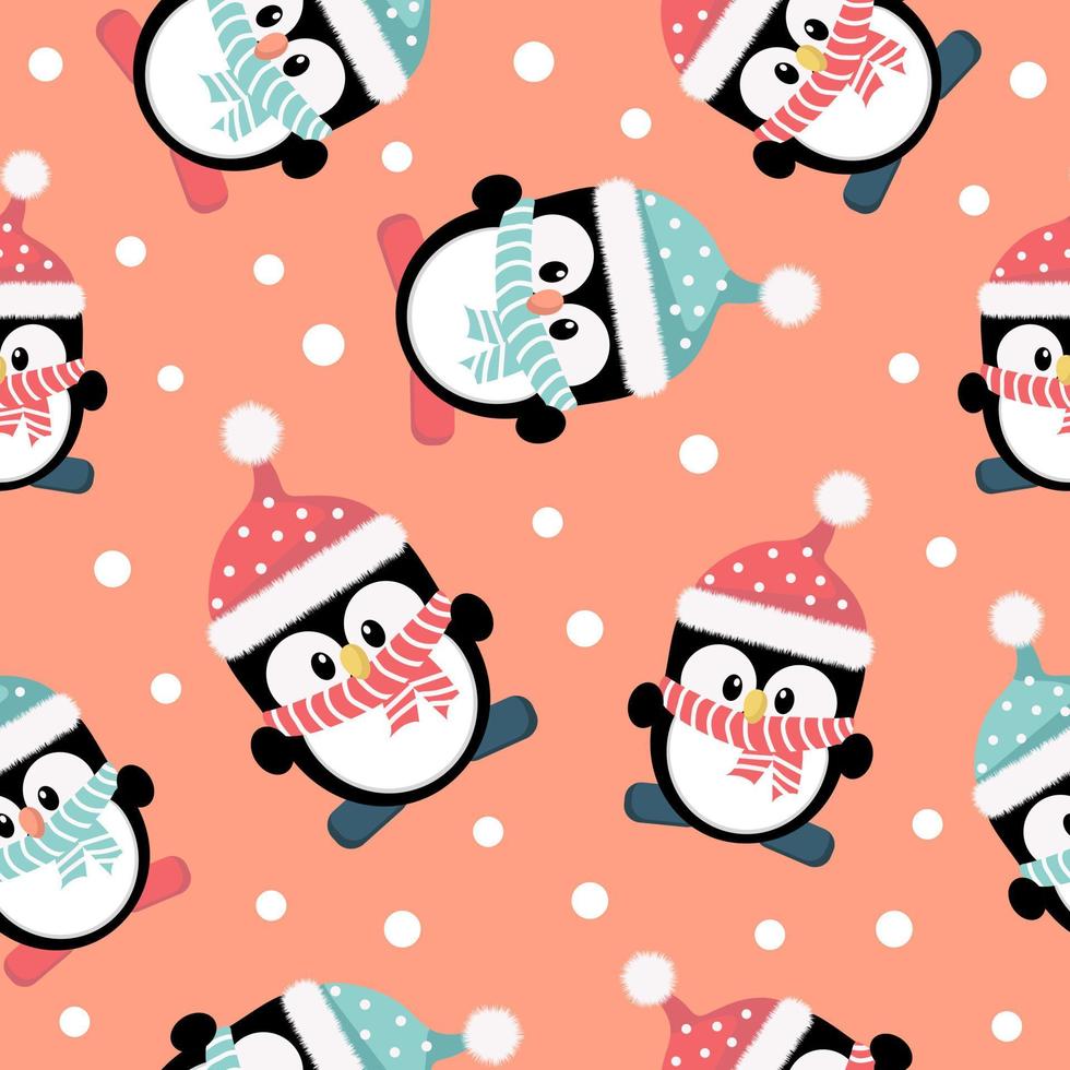 Childish seamless pattern with penguins in pink and blue colors. Design for fabric, for packaging, for wallpaper. vector