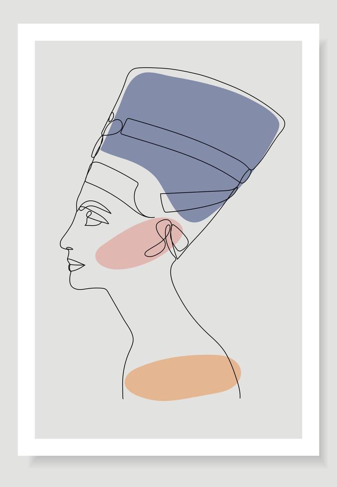 Poster with Nefertiti in one line style. Template design. Vector female face. Banner template poster. The face of the symbol. Retro design.