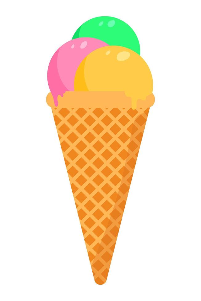 Ice cream three scoops in a cone. Strawberry, mint and vanilla ice cream in a cone. Design for posters, menus, cafes. vector