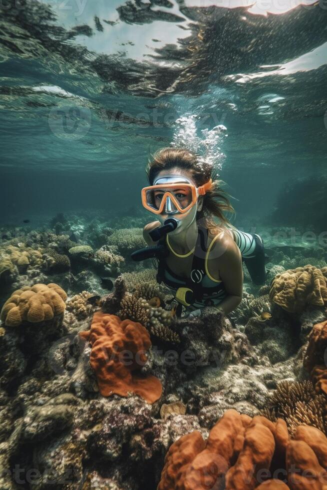 Snorkel diving at tropical coral reef, created with photo