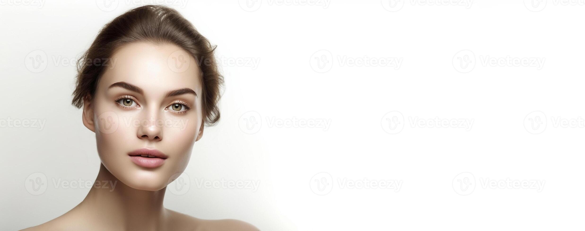 Beautiful woman face on white with copyspace, created with photo