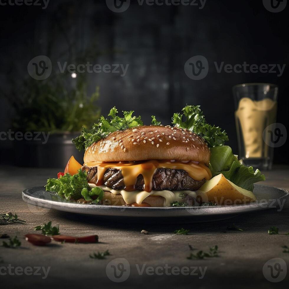 delicioso hamburguesa en el mesa, creado con generativo ai foto