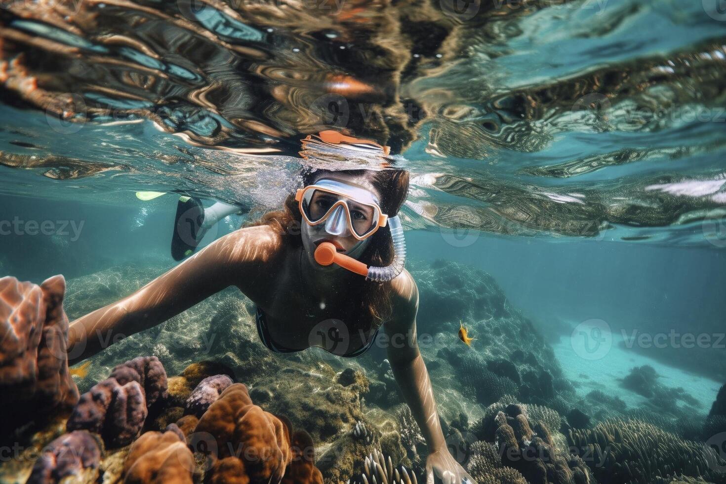 Snorkel diving at tropical coral reef, created with photo
