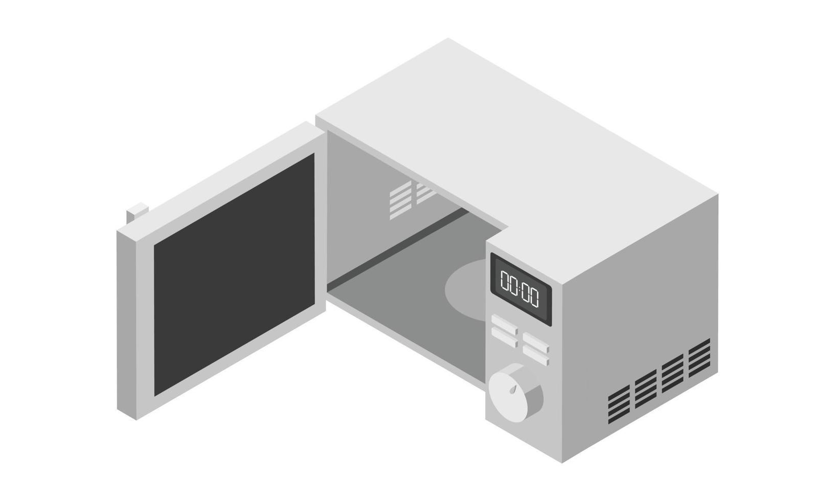 White microwave vector illustration in insometric style. Microwave oven with opened door. Modern household appliance to cook, defrost and heat food. Front view isolated background.