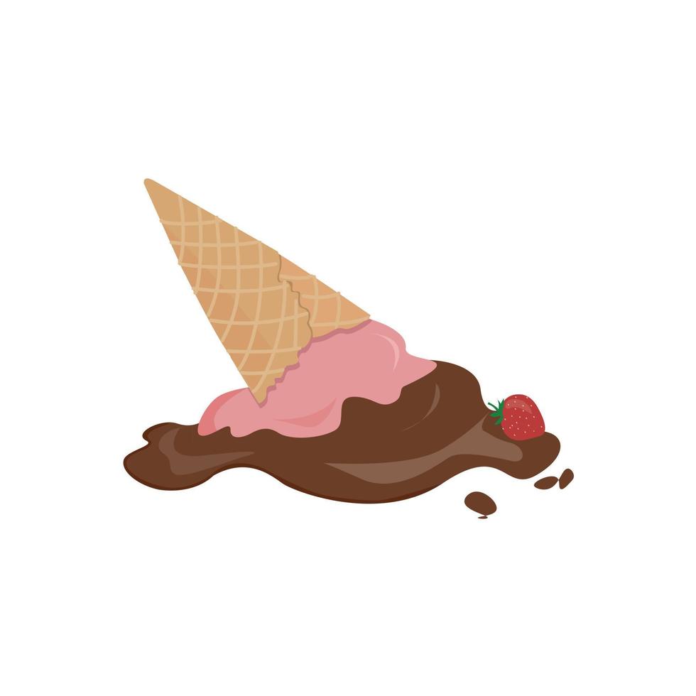 Ice cream in waffle cone vector illustration on white background. Dropped and melted ice cream clipart. Vector of upside down strawberry and chocolate icecream fell on the ground. 3D cartoon style.
