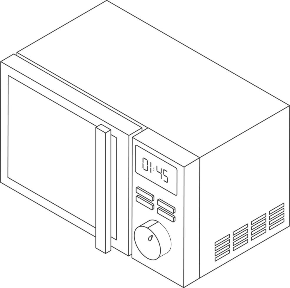 Vector line drawing icon of closed microwave oven in isometric style on a white background. Linear stylized. Microwave line vector illustration. Vector illustration kitchen oven silhouette.