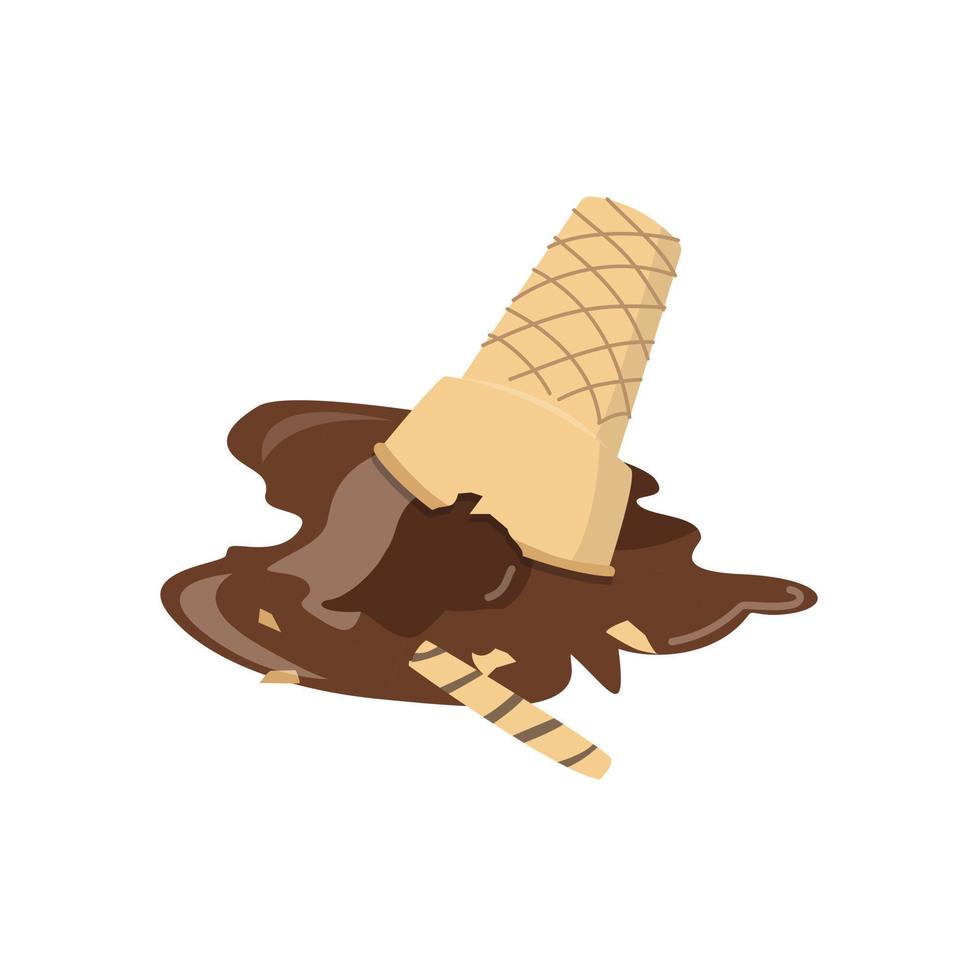 Ice cream in waffle cone vector illustration on white background. Dropped and melted ice cream clipart. Vector of upside down  chocolate ice cream fell on the ground. 3D cartoon style.