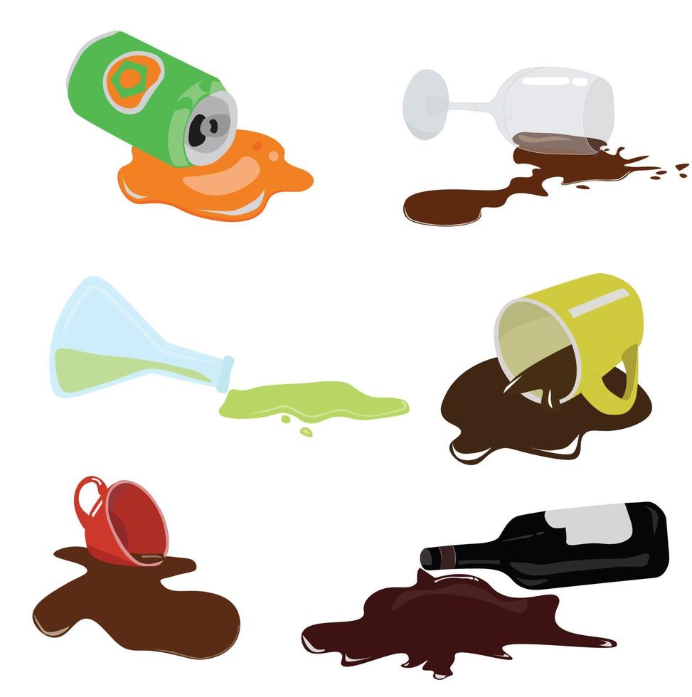 Spilled liquid illustration vector  isolated on white background. Liquid spill on the floor. Cup of tea. Glass of wine. Bottle of wine. Cup of coffee. Erlenmeyer flask. Can of soda. 3d cartoon.
