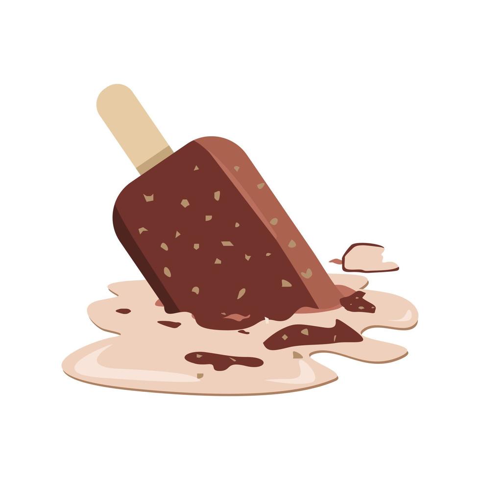 Chocolate stick ice cream cartoon vector illustration on white background. Dropped ice cream clipart. Ice cream dropped and mellted on the floor. 3D Style.