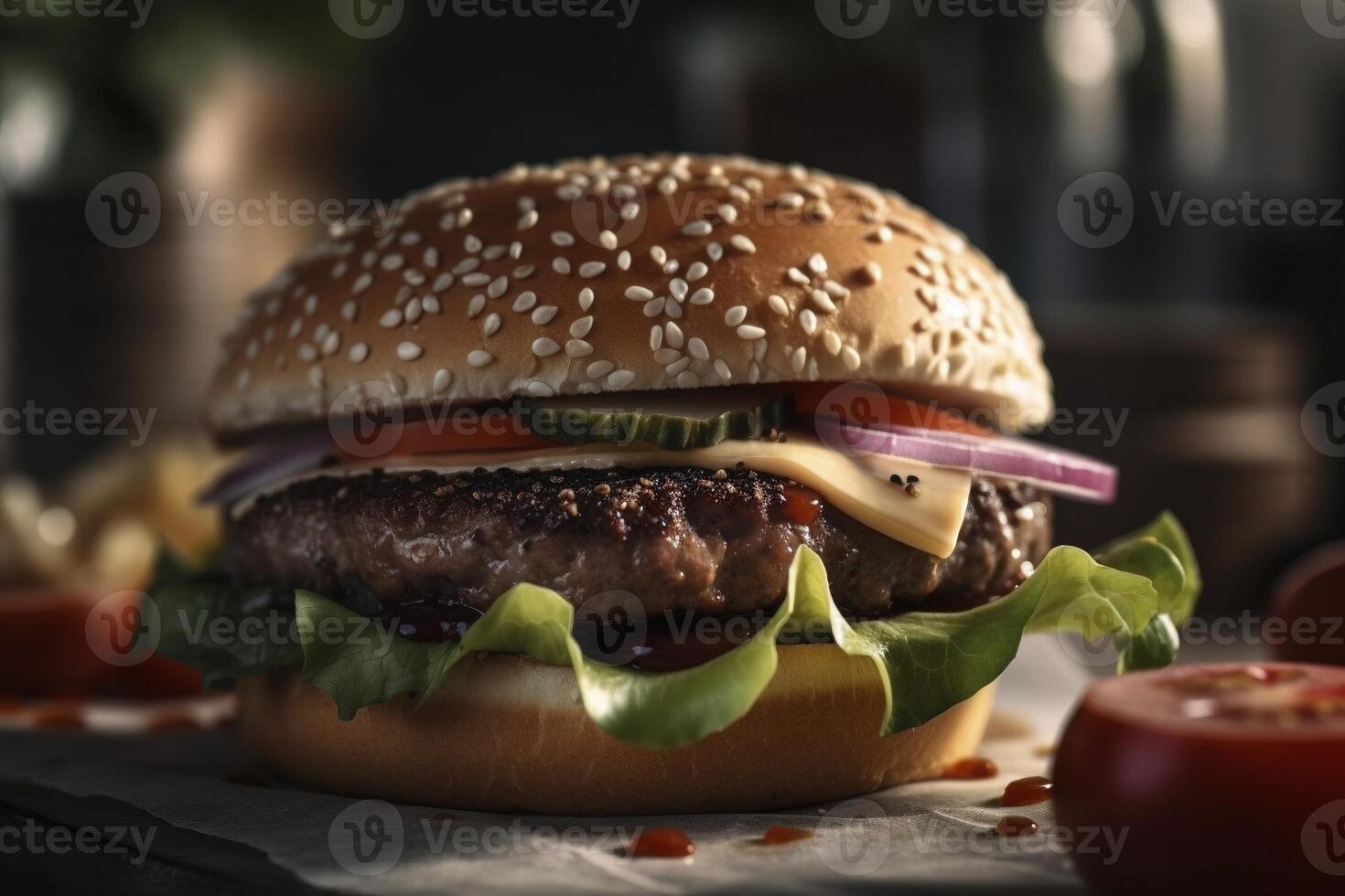 delicioso hamburguesa en el mesa, creado con generativo ai foto