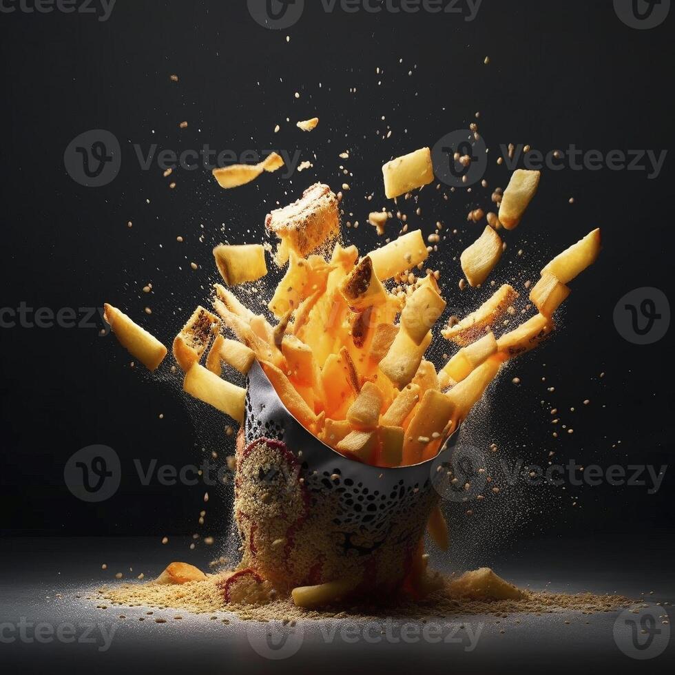 explotando francés papas fritas, creado con generativo ai foto