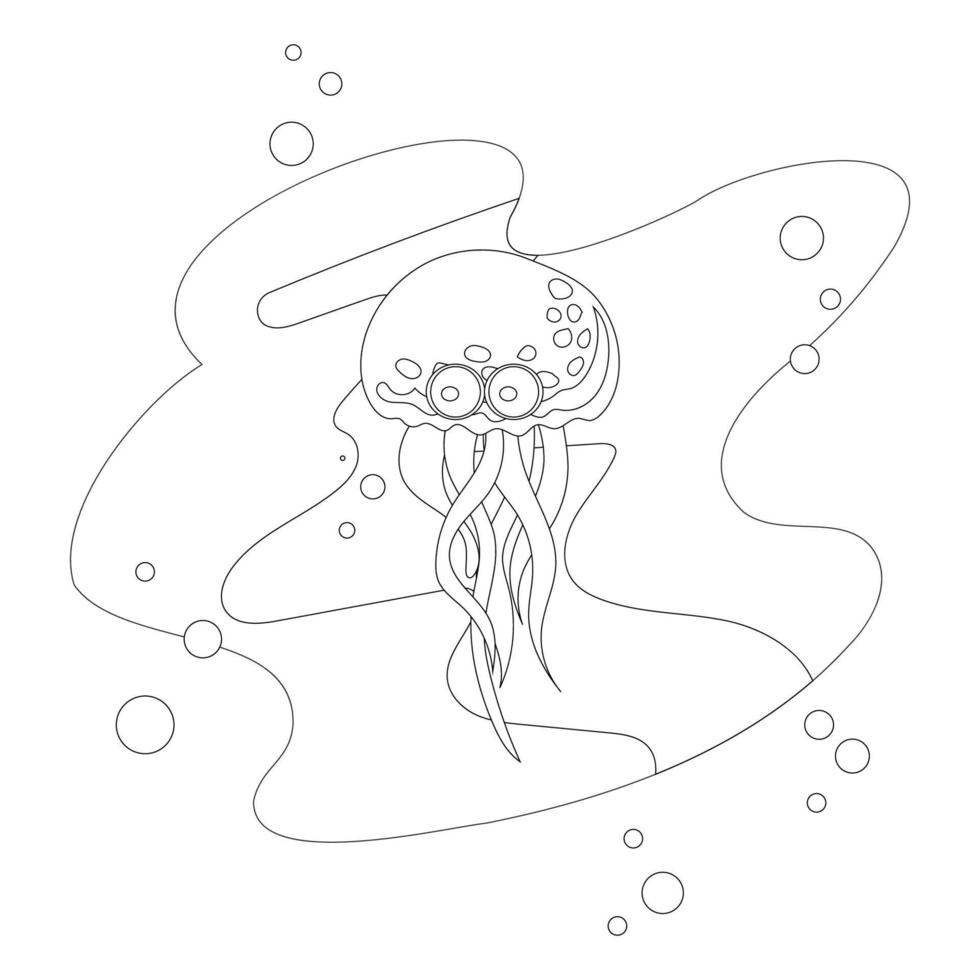 Cute Jellyfish Coloring Page Vector Illustration isolated on White. sea life Coloring Page. Illustration Featuring an Coloring