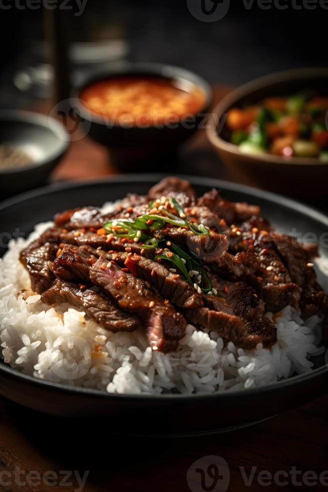 tradicional coreano bulgogi plato. finamente cortar, A la parrilla carne de res, servido con arroz y vegetales. foto