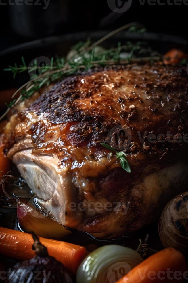 Whole roasted pork neck, stewed in wine with vegetables. photo