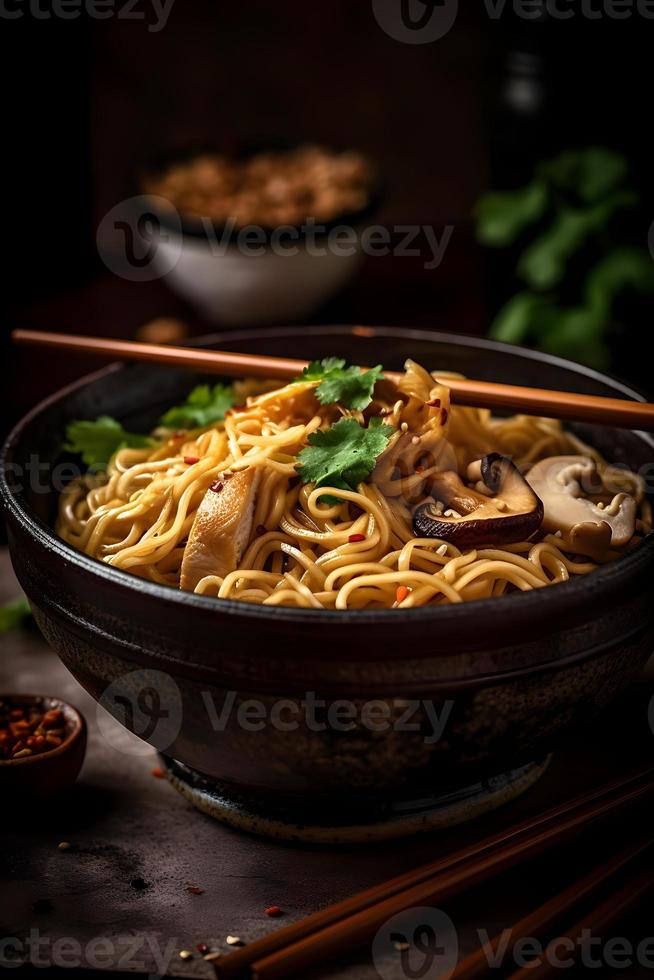 Traditional noodles with shimeji mushrooms and chicken. photo