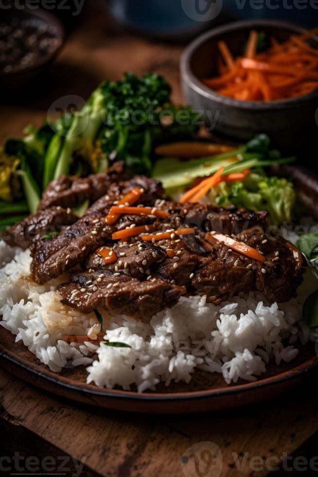 tradicional coreano bulgogi plato. finamente cortar, A la parrilla carne de res, servido con arroz y vegetales. foto