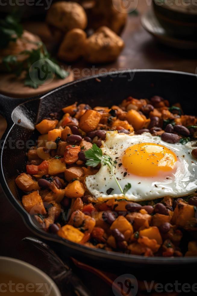 tradicional americano picadillo con frito huevos. foto