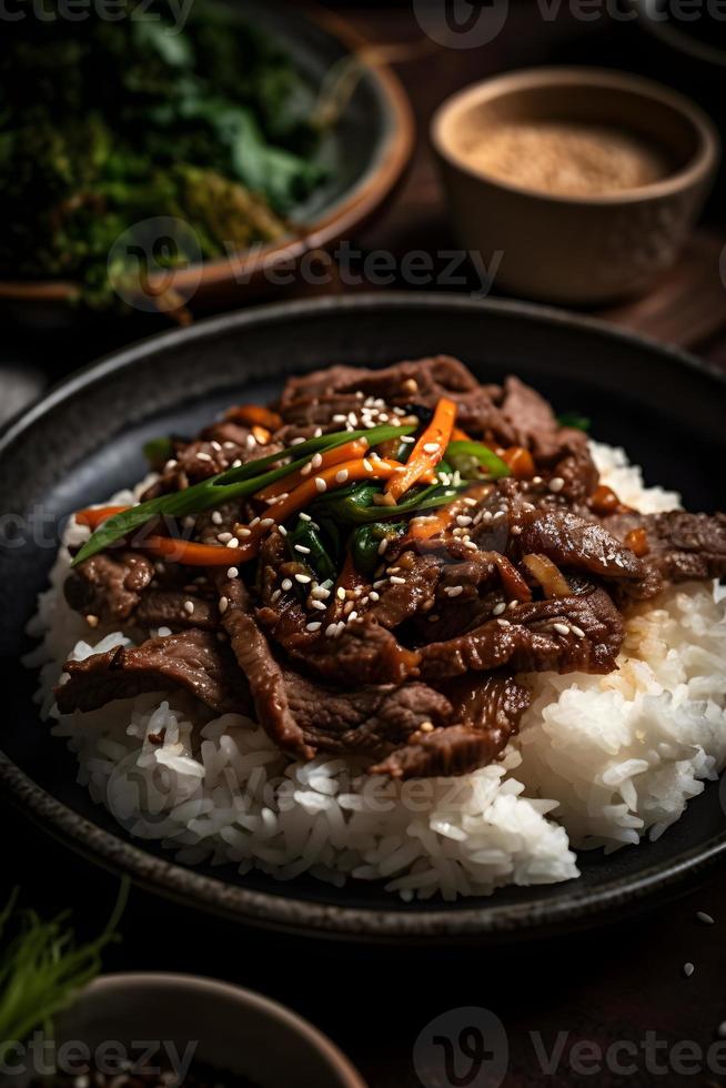 Traditional Korean Bulgogi dish. Thinly cut, grilled beef, served with rice and vegetables. photo