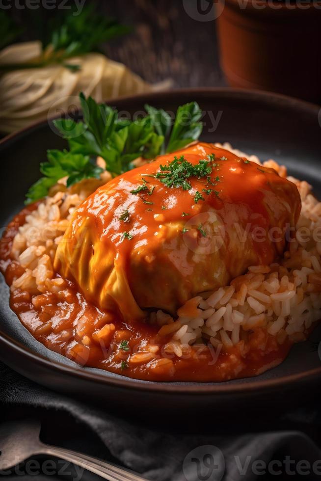 Traditional stuffed cabbage with minced meat and rice, served in a tomato sauce. photo