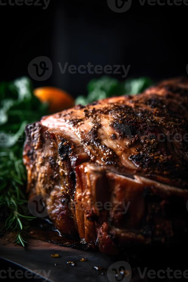 Whole roasted pork neck, stewed in wine with vegetables. photo