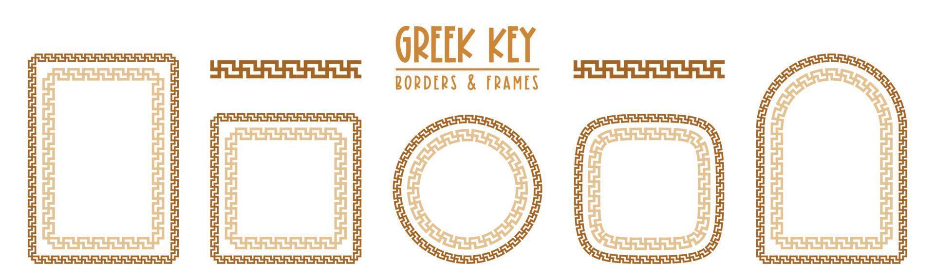 Greek key frames and borders collection. Decorative ancient meander, greece ornamental set, repeated geometric motif. Frames consist from tiny bricks, easy to resize or change frames proportion. vector