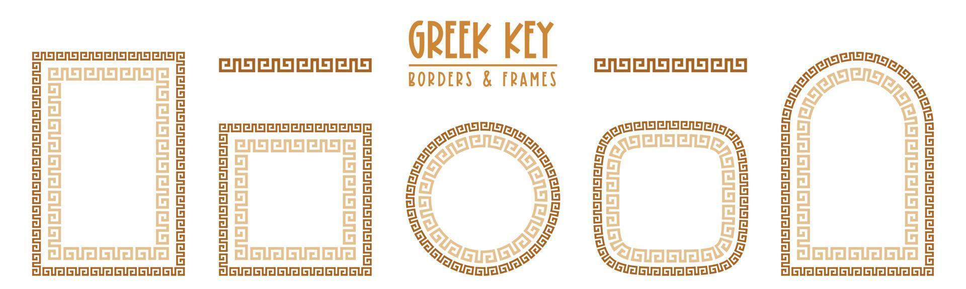 Greek key frames and borders collection. Decorative ancient meander, greece ornamental set, repeated geometric motif. Frames consist from tiny bricks, easy to resize or change frames proportion. vector