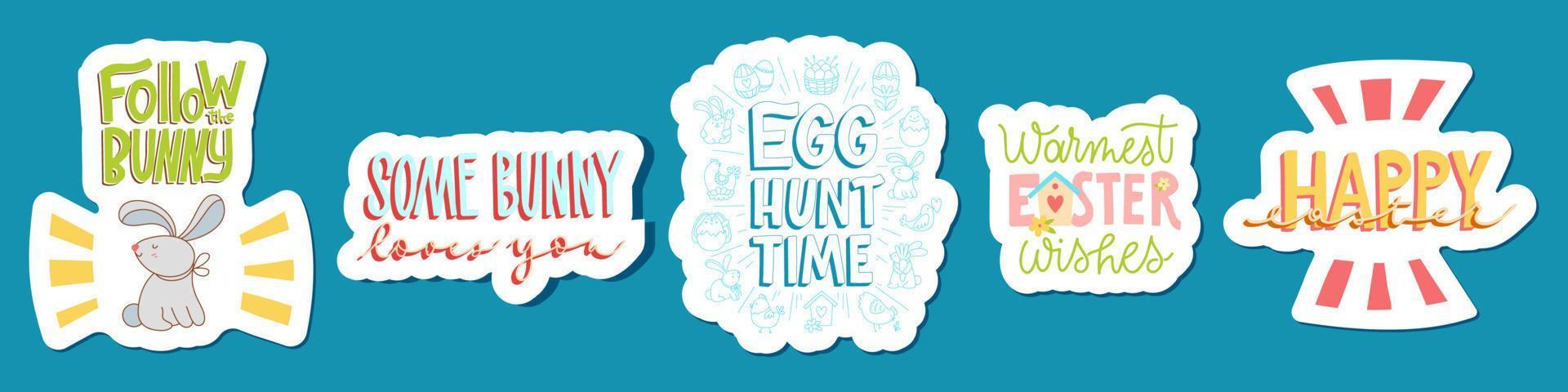 Joyful Happy Easter hand-drawn lettering set for greeting cards, social media posts, stickers. Colorful candy pastels spring vector illustration in flat style.