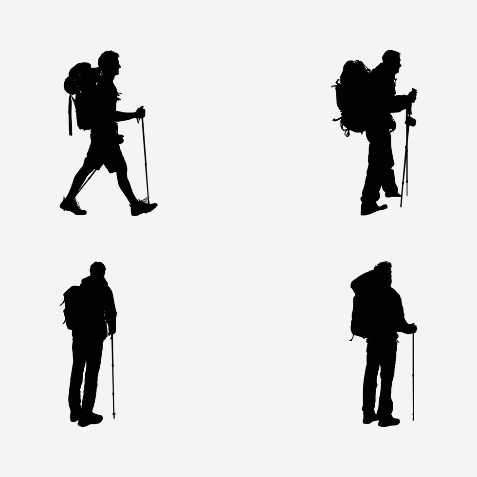 four high detailed hikers silhouette vector