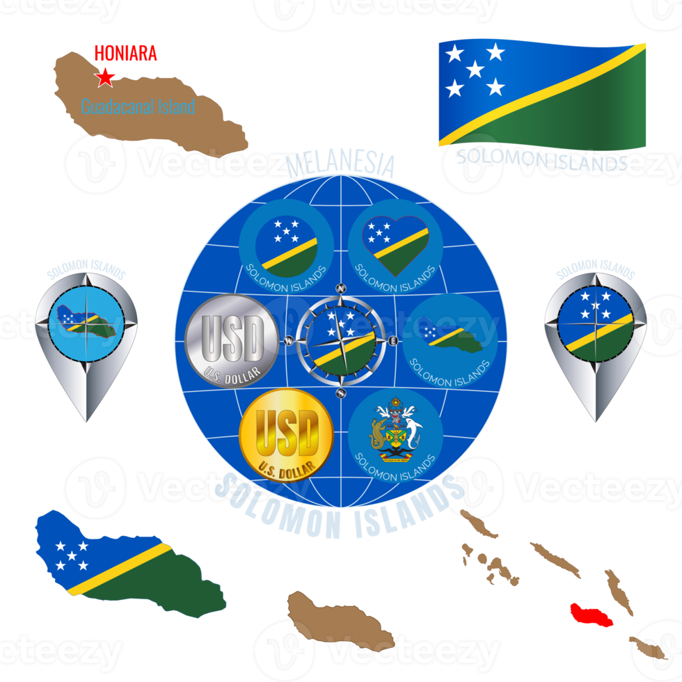 Set of illustrations of flag, outline map, icons of SOLOMON ISLANDS. Travel concept. png