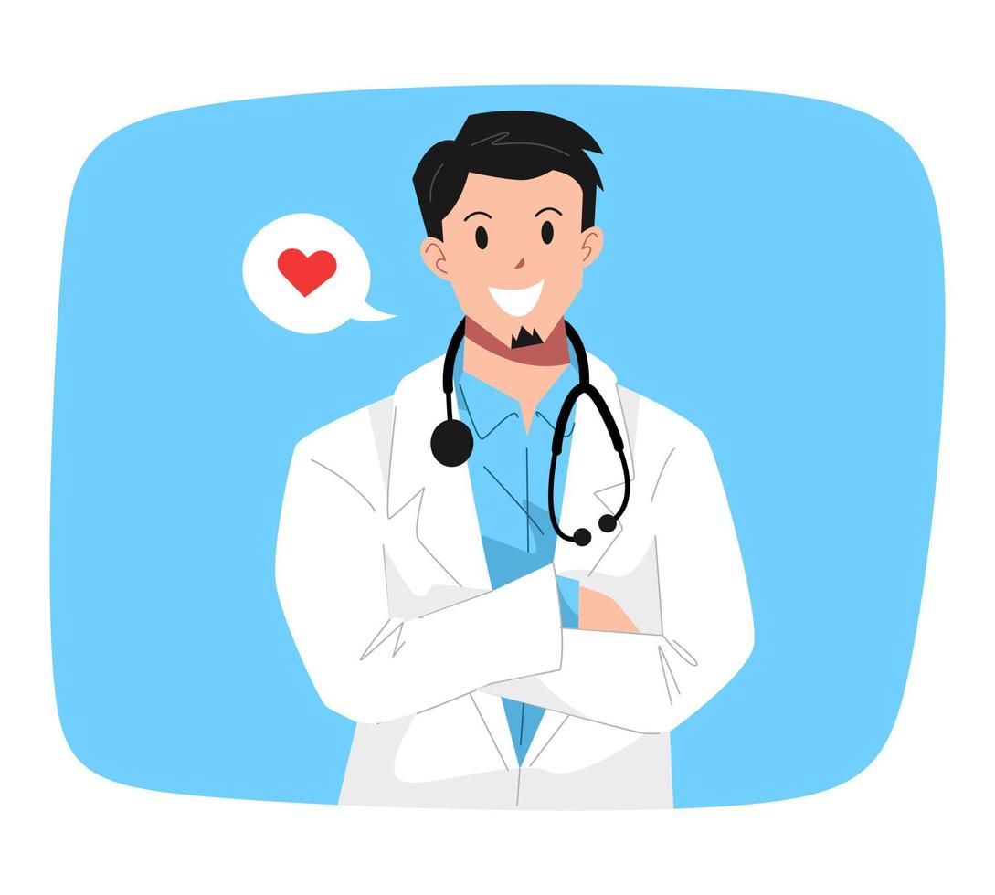 masculino hermoso médico plano personaje con globo habla y amor icono. medio cuerpo. vistiendo un estetoscopio alrededor el cuello, laboratorio abrigo. azul antecedentes. plano vector ilustración.