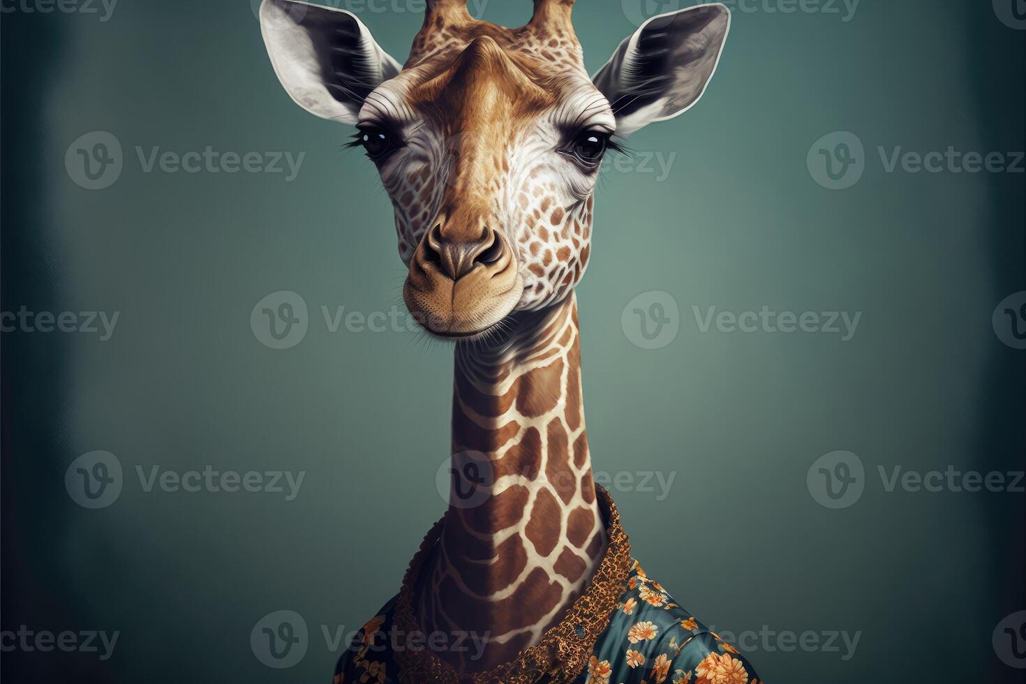 Portrait of giraffe in a victorian dress. photo