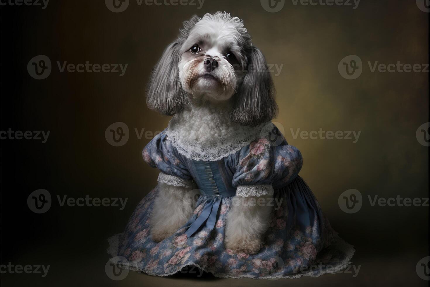 Portrait of dog in a victorian dress. photo