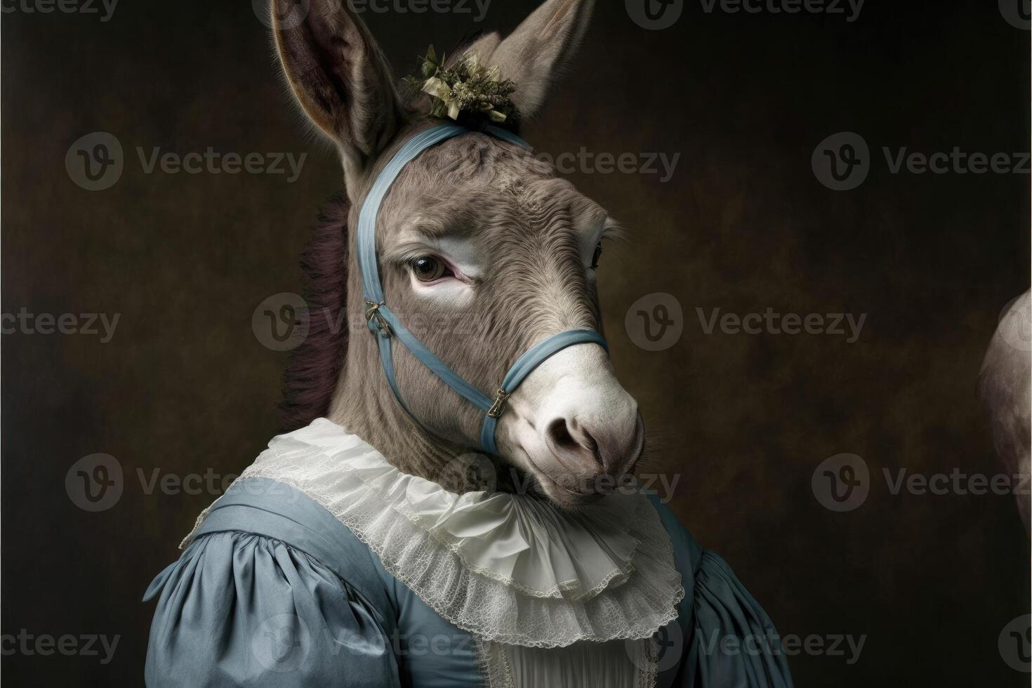 Portrait of donkey in a victorian dress. photo