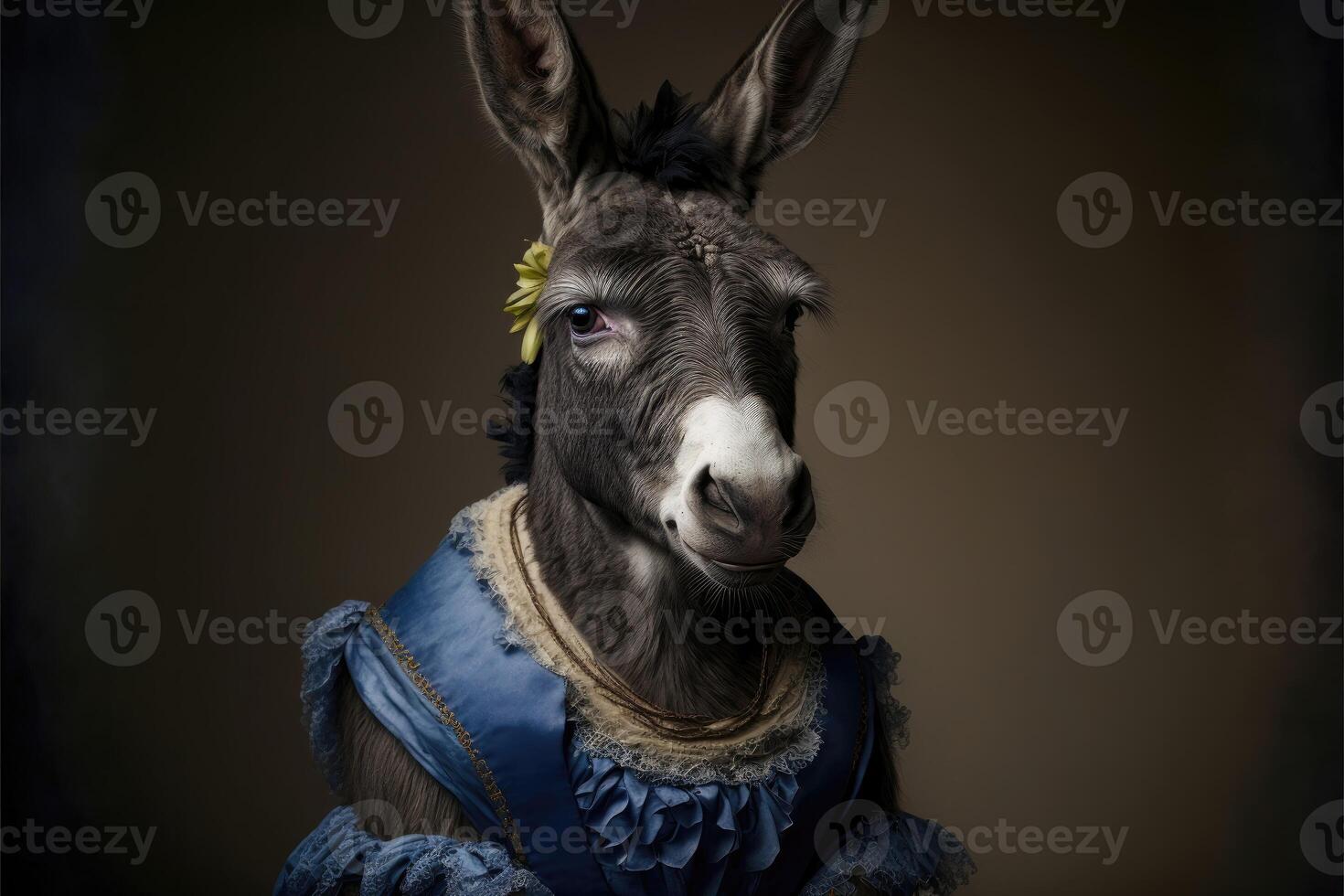 Portrait of donkey in a victorian dress. photo