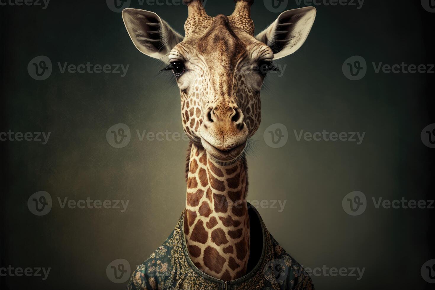 Portrait of giraffe in a victorian dress. photo