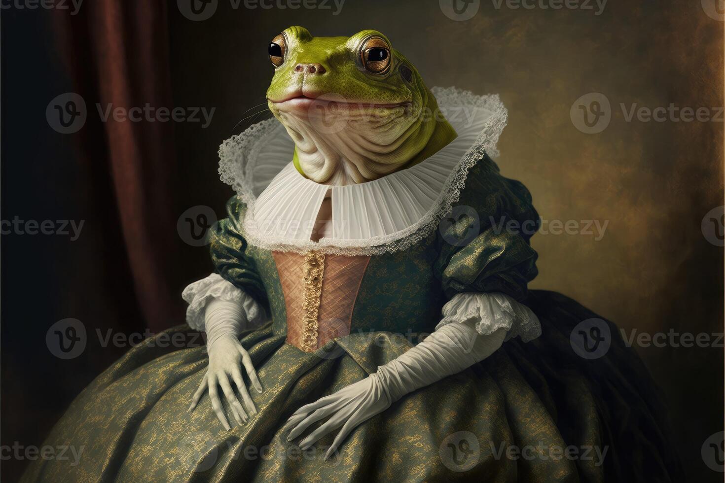 Portrait of frog in a victorian dress. photo