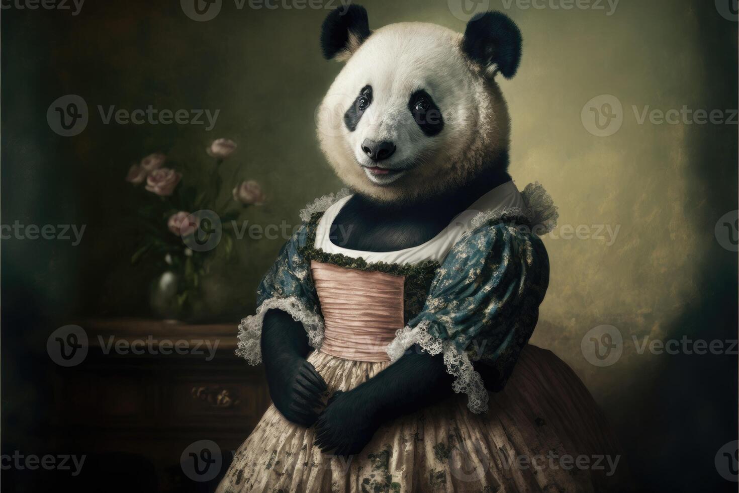 retrato de panda en un victoriano vestido. ai generado foto