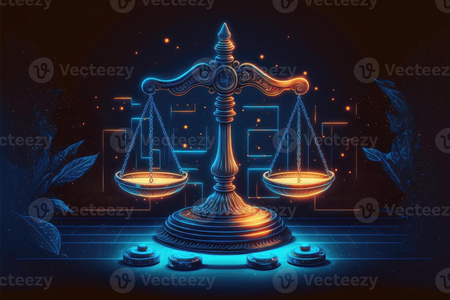 Scales, Justice, Judiciary glow in the dark background. photo