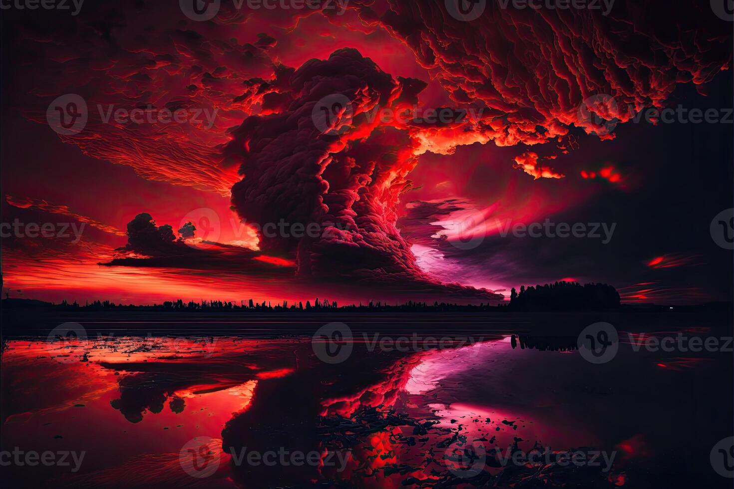 Abstract dark red background. Dramatic red sky. Red sunset with clouds. photo