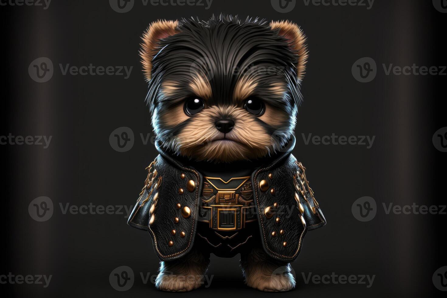 Cute dog in warrior mascot costume on black background. 12 Chinese zodiac signs horoscope concept. photo