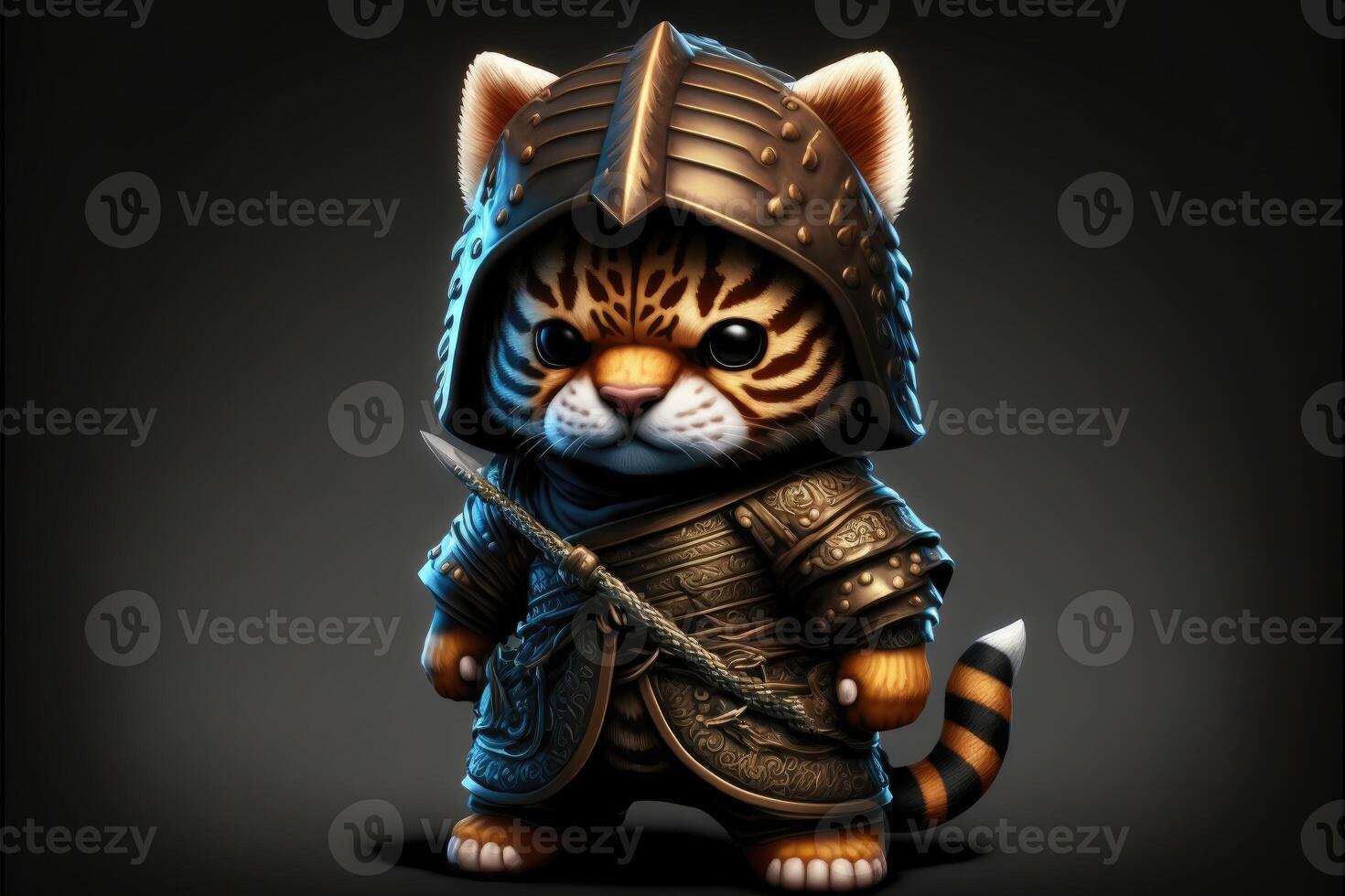 Cute tiger in warrior mascot costume on black background. 12 Chinese zodiac signs horoscope concept photo