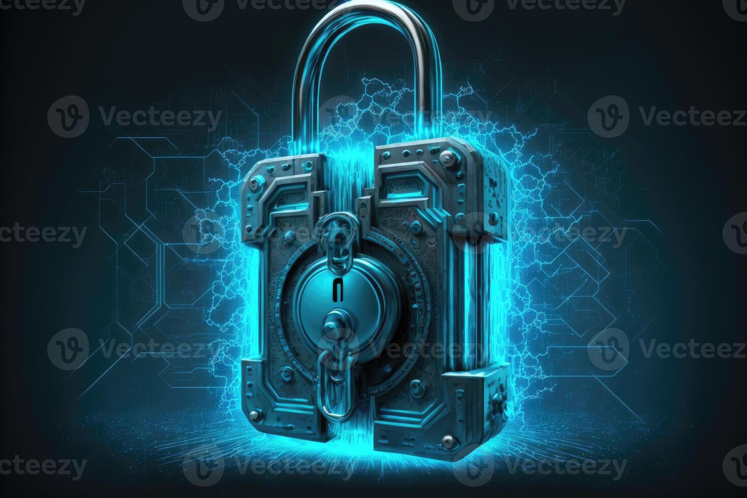 Lock, padlock on blue background. Cyber security system technology concept. photo