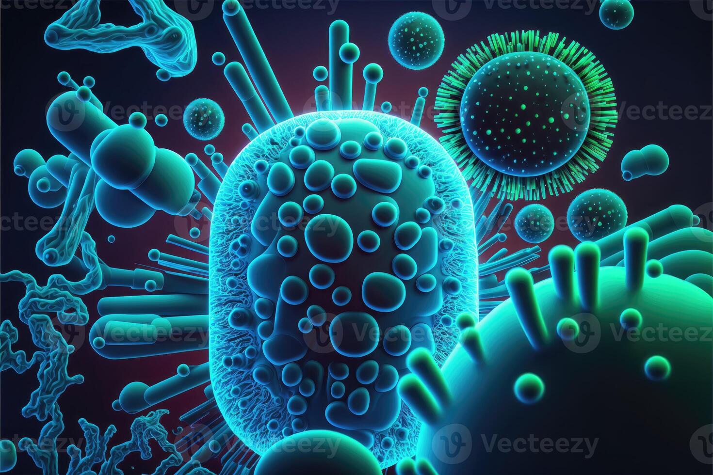 Bacteria biology science technology. Glow in the dark background. photo