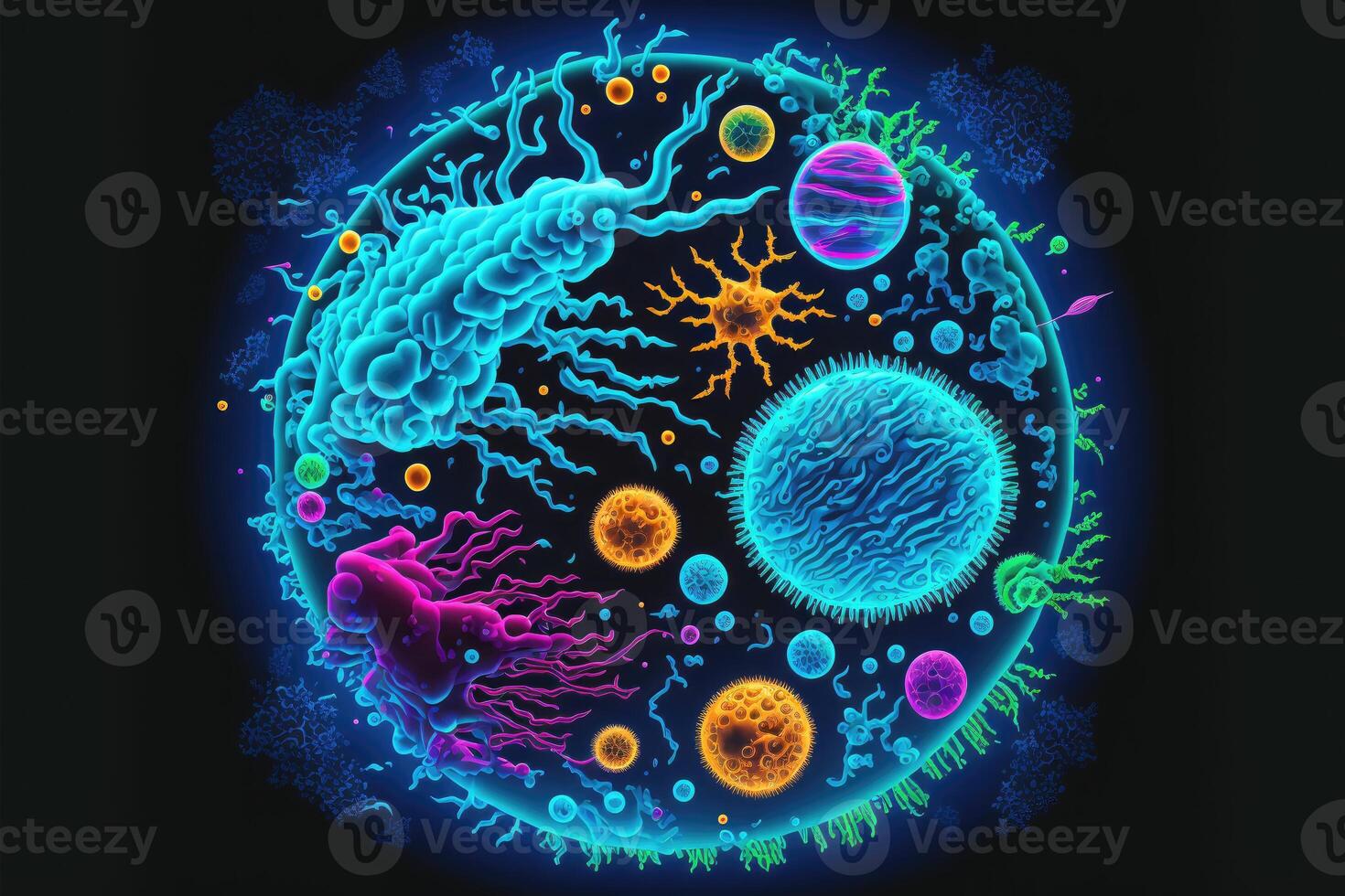 Bacteria biology science technology. Glow in the dark background. photo