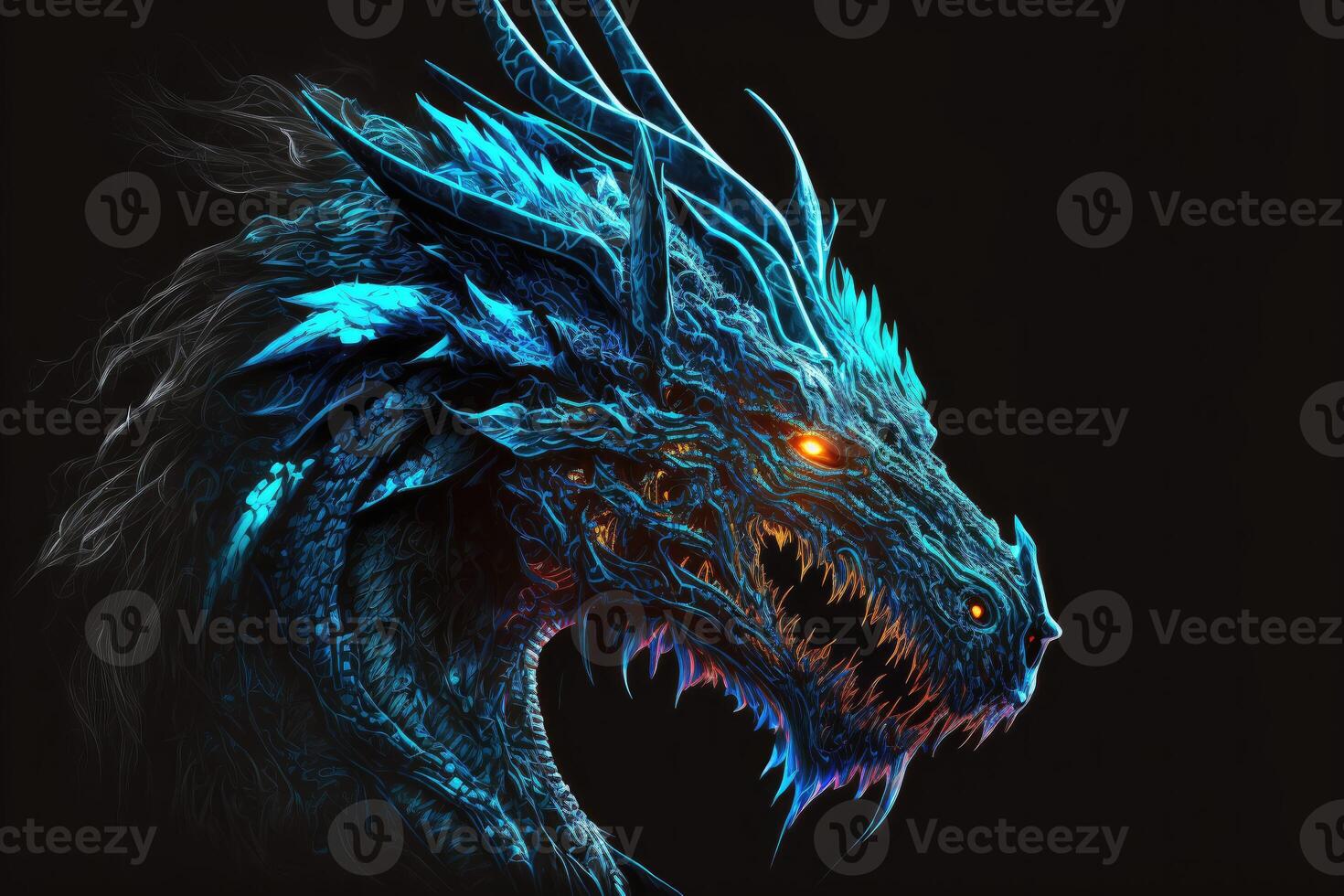 Blue dragon glow in the dark background. photo