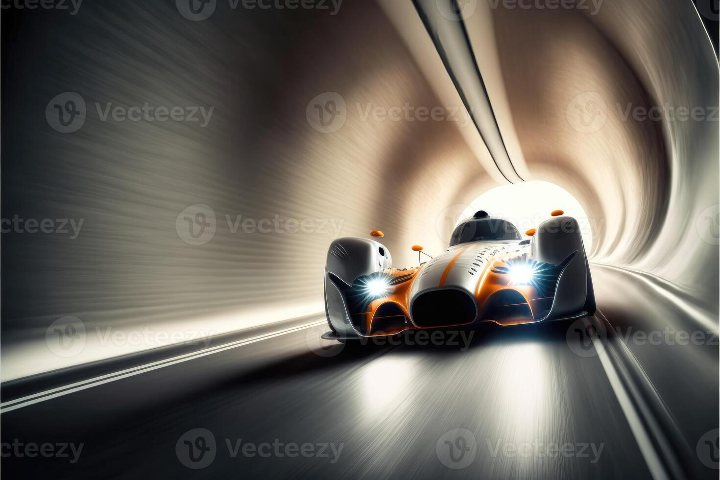 Sport racing car is running at high speed in illuminated road tunnel 3D. photo