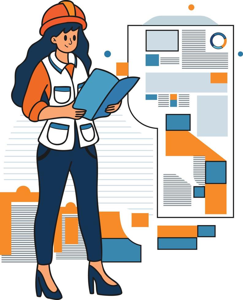 Female architect designing a house illustration in doodle style vector