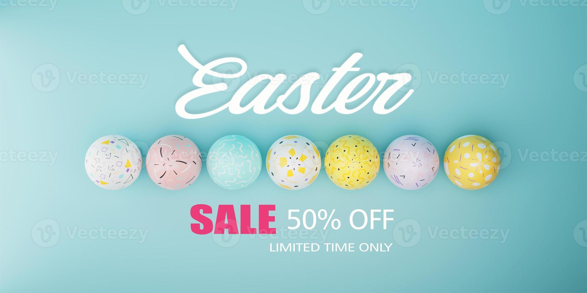 Easter sale banner design. Easter sale text up to 50percent off promotion with 3d realistic eggs for seasonal shop discount advertisement. 3d rendering. photo